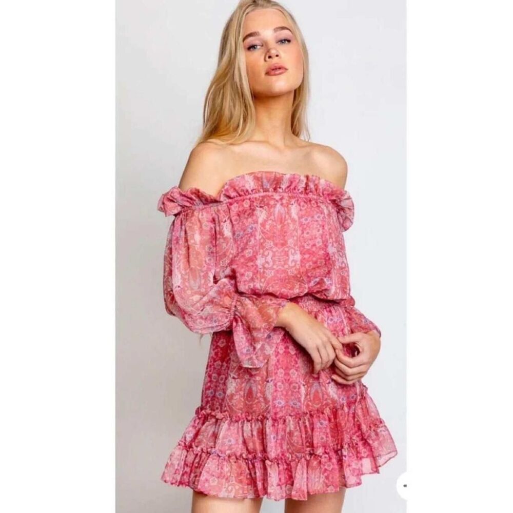 MISA Los Angeles Pink Paisley Off The Shoulder Ruffle Mini Dress Size Large